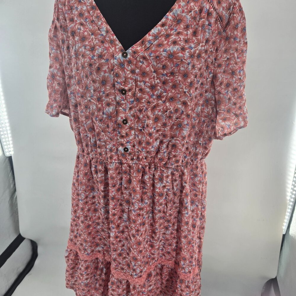 Pink Floral Button-Front Midi Dress with Elastic Waist